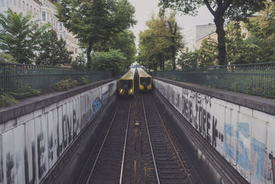 Blurred motion of trains amidst trees in city