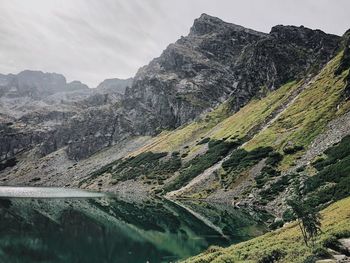 Scenic view of land and mountains against sky