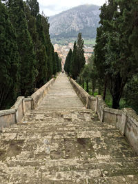 Steps leading towards mountain against sky