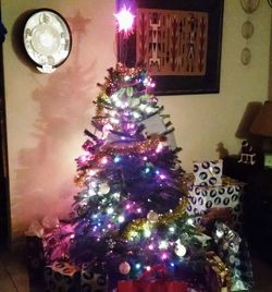 Low angle view of illuminated christmas lights