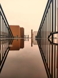 Reflection of railing on water against clear sky