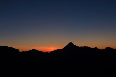 Silhouette mountains against clear sky during sunset