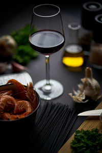 Close-up of wine in glass on table