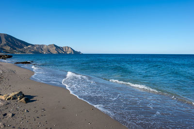 Scenic view of sea against clear blue sky