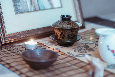 Close-up of tea cup on table