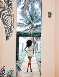 Full length rear view of woman walking on palm tree