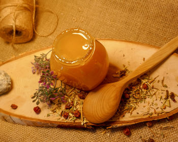 High angle view of tea on table