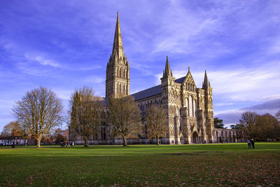 Salisbury cathedral in the late afternoon winter sunshine.