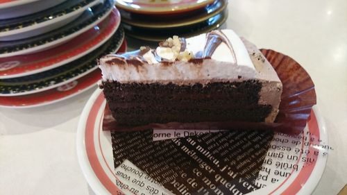 High angle view of cake in plate on table