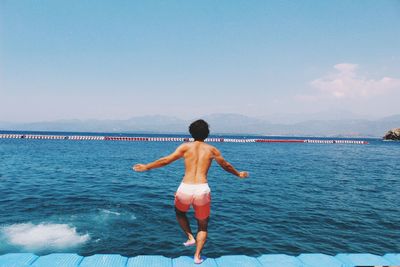 Full length rear view of man on beach against sky