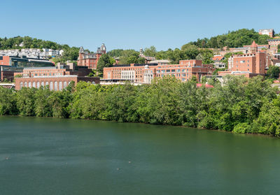Scenic view of river by buildings against clear sky