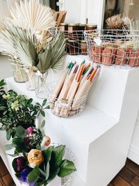 High angle view of flower bouquet on table