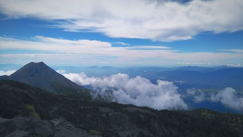 Scenic view of mountains against cloudy sky