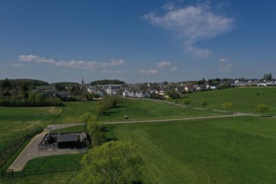 High angle view of buildings against sky