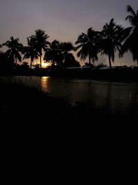 Silhouette palm trees on beach against clear sky