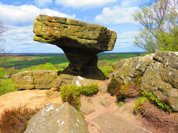 Rock formations on landscape against cloudy sky