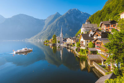 Panoramic view of buildings in lake