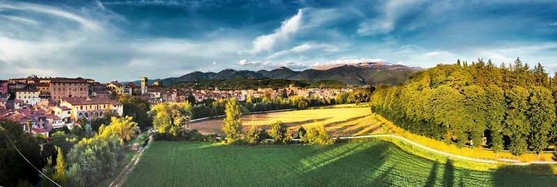 Panoramic view of trees and buildings against sky