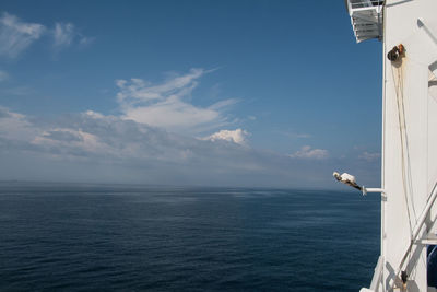 Seagull flying over sea against sky