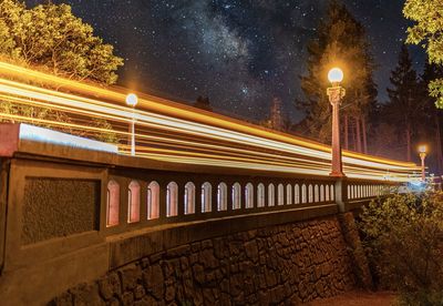 Illuminated light trails on bridge at night