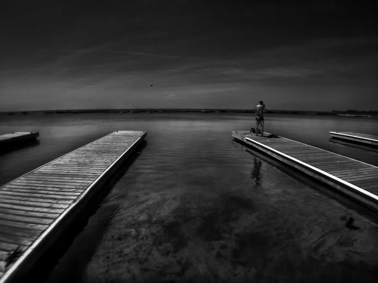 sky, sea, water, cloud - sky, horizon over water, cloud, cloudy, tranquility, scenics, tranquil scene, pier, nature, beauty in nature, dusk, built structure, outdoors, railing, idyllic, no people, sunset