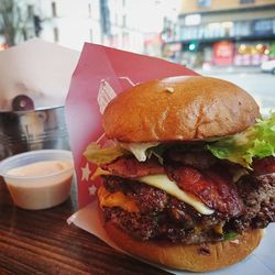 Close-up of burger in plate on table