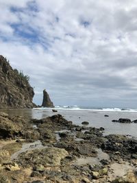 Rocks on beach against sky