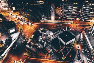 High angle view of cityscape at night