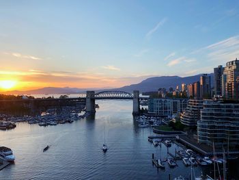 Bridge over river in city during sunset