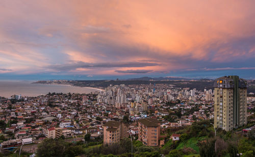 Aerial view of cityscape against sky during sunset