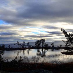 Scenic view of lake against cloudy sky