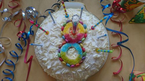 Directly above shot of birthday cake on table