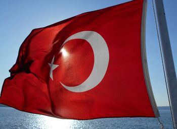 Close-up of turkish flag waving against clear blue sky