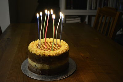 View of birthday cake on table