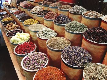 High angle view of various food for sale at market stall