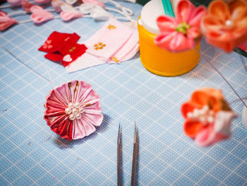 High angle view of flowers in plate on table