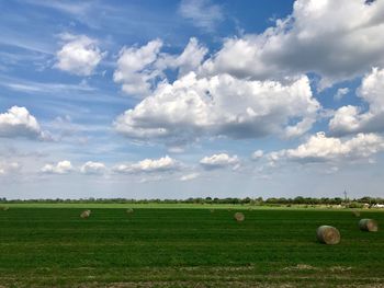 Hay bales on field against sky