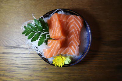 High angle view of sushi in plate on table