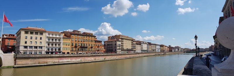 Panoramic view of buildings by river against sky