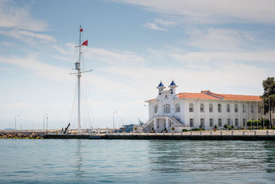 Sailboats in building against sky