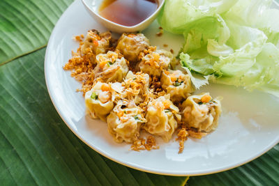 High angle view of meal served on table