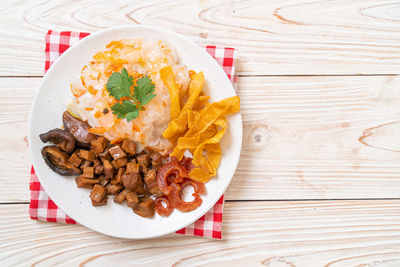 High angle view of food in plate on table