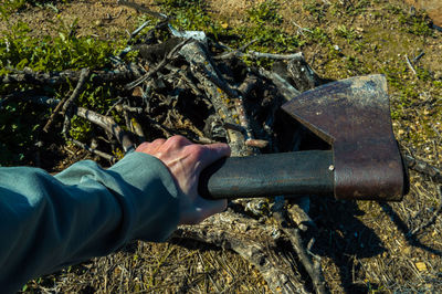 High angle view of man working on field