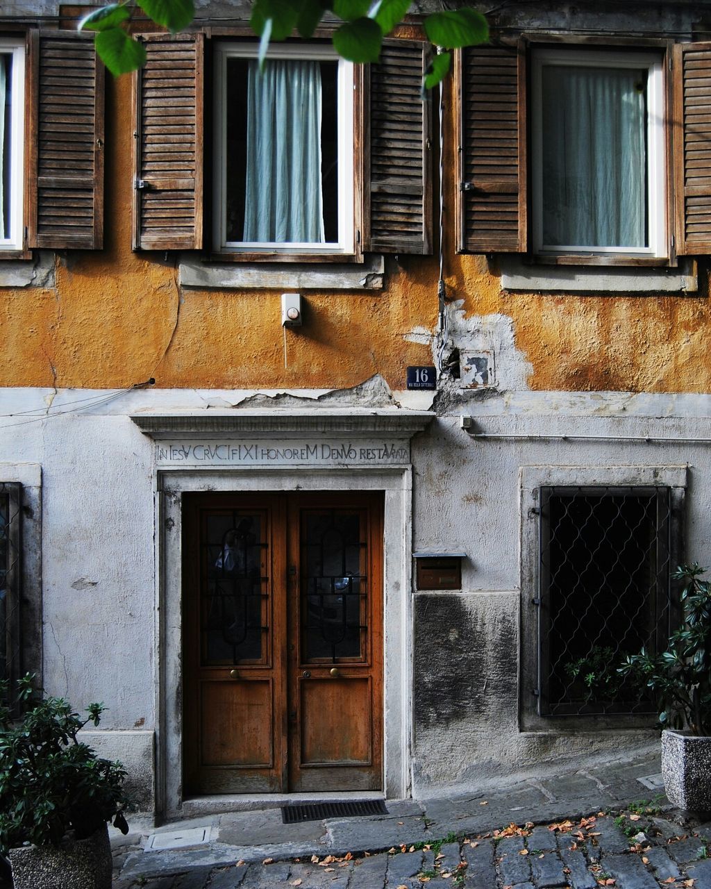 building exterior, architecture, built structure, window, door, house, entrance, closed, residential structure, residential building, facade, plant, doorway, potted plant, outdoors, day, no people, open, sunlight, old