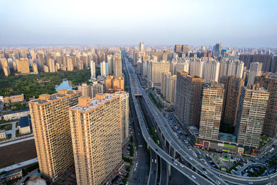 High angle view of cityscape against sky