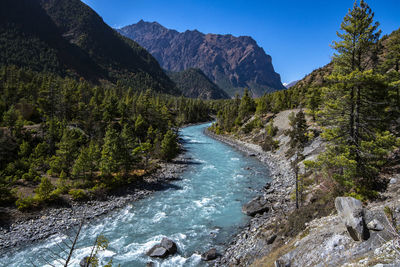 Scenic view of river amidst mountains against sky