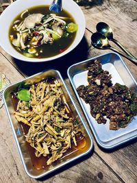 High angle view of meal served on table