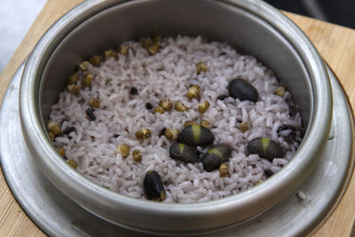 High angle view of food in bowl on table