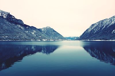 Scenic view of lake and mountains against clear sky