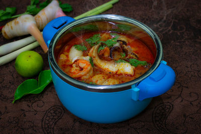 High angle view of soup in bowl on table